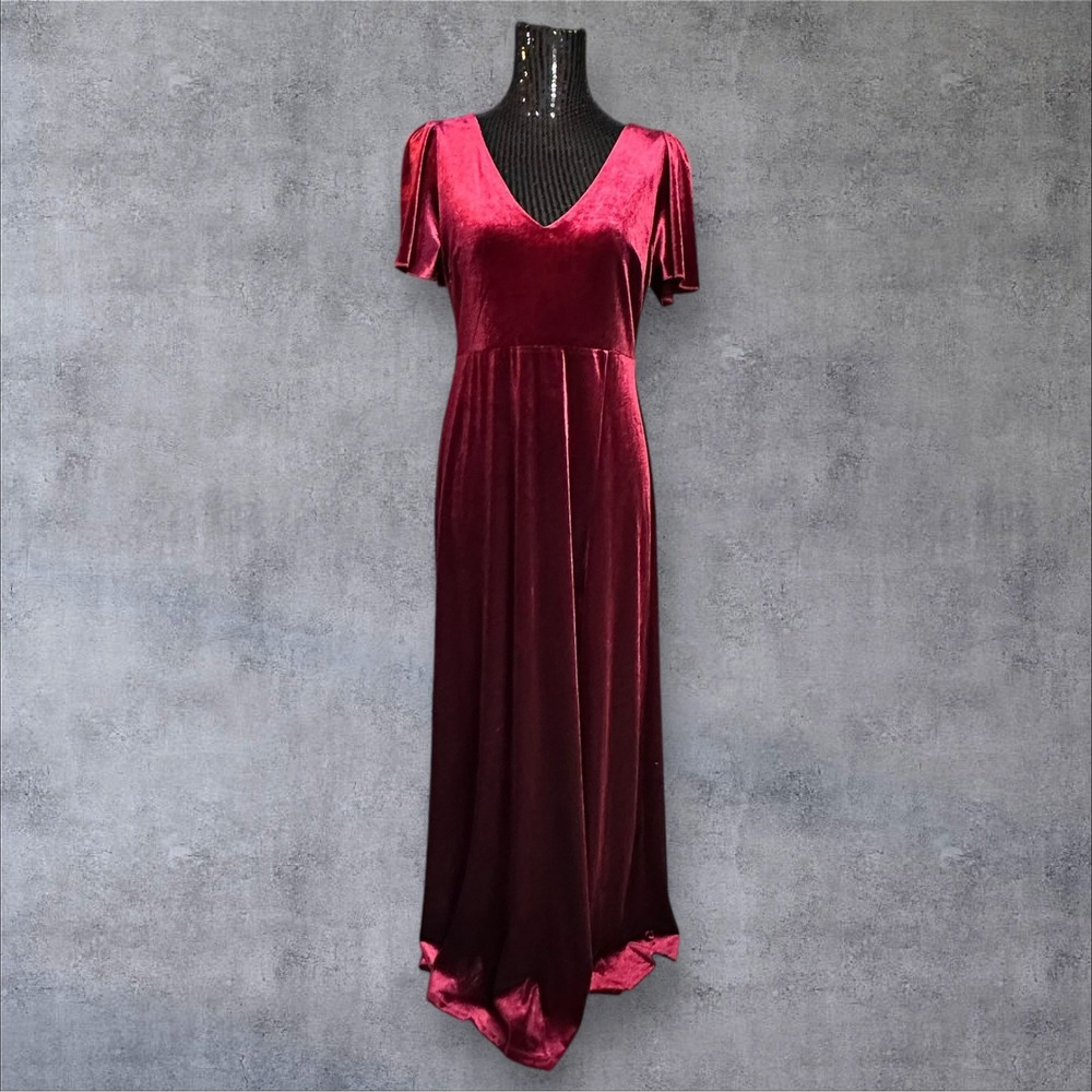 Birdy Grey Velvet Maxi Dress Womens L Burgundy Flutter Sleeve Valentines Wedding